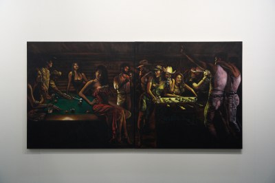 A painting showing a bar scene, in which some of the patrons exchange stolen glances of queer desire.