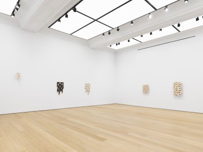 The landscape of the gallery exhibition, with several paintings hanging on the wall. 