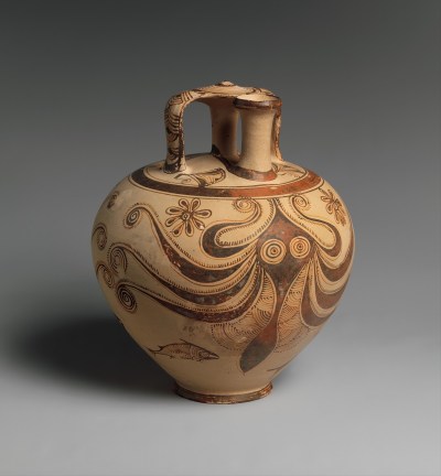 A terracotta jar with an octopus painted onto it.