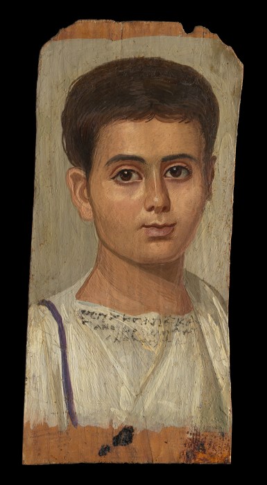 A painting of a young boy in a toga on a piece of wood.
