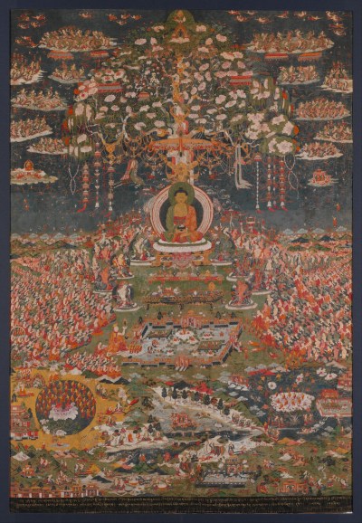 A crowded painting of a seated Buddha amid a vast landscape peopled with tiny figures, a river, and little islands.