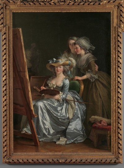 A painting of a woman holding a palette and sitting at an easel with two other women behind her.