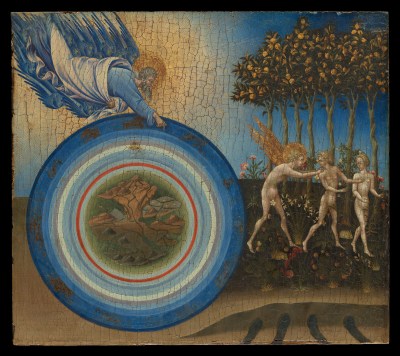 A painting of a haloed man with wings rolling a gigantic ball with concentric circles toward three nude figures, one of whom has a halo and golden wings. The figures stand beneath trees filled with fruit.