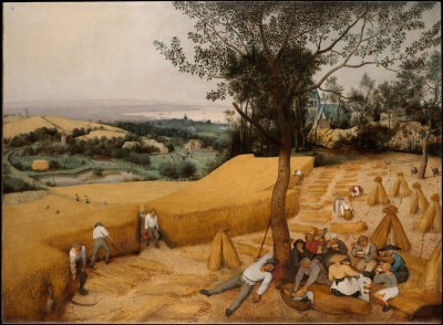 A painting of a group of harvesters working a field, with some seen lounging beneath a tree.