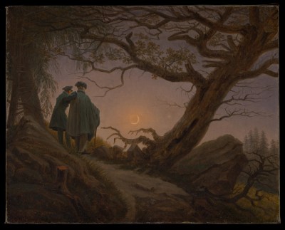 A painting of two men in jackets and hats standing beside a largely leafless tree and observing a moon that hangs in a dusky sky.