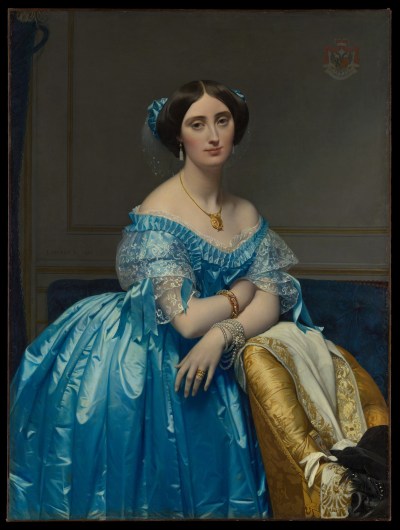 A painting of a woman in a blue gown leaning on a yellow chair.