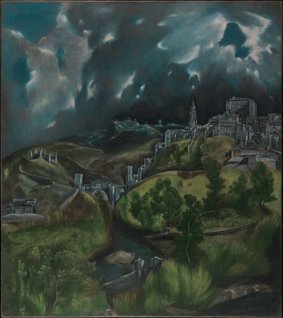 A dark painting of a cathedral and buildings on a hill beneath a cloudy blue sky.