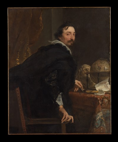 A painting of a man getting up from a chair. His desk has a globe and papers on it.