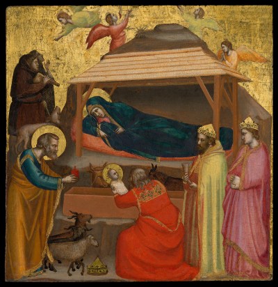 A gold-leafed painting of a reclining Virgin Mary looking down at a haloed Baby Christ surrounded by the Magi.