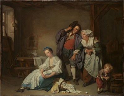 A painting of a several people in a darkened room. A sullen young woman sits at the center next to a basket with broken eggs. A man leans in to hear from an elderly woman who points at the eggs. A scared child leans on a table nearby.