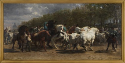 A painting of a succession of horses with riders on them.