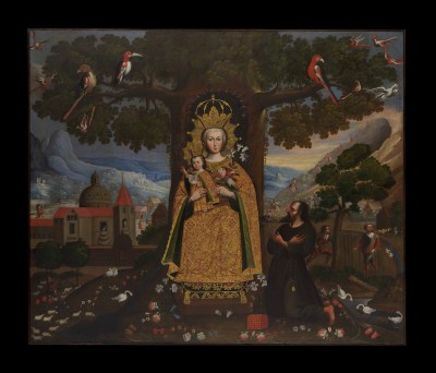 A painting of a crowned woman in golden robes with a little baby inside a tree. The tree is host to many birds and is sited on a hill near a church and the mountains. A man can be seen kneeling near the woman.