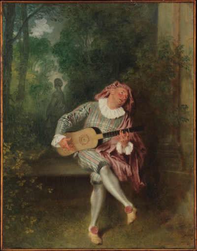 A painting of a man seated cross-legged on a bench and playing a guitar. A statue can be seen in the foliage behind him.