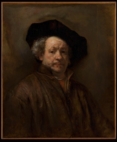 A painting of a man with a big black hat against a brown background.