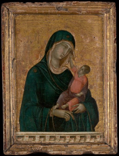 A baby Christ reaching toward a shrouded Virgin Mary.