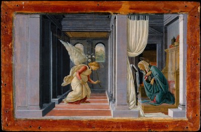A painting of the angel Gabriel kneeling before a partition, on the other side of which is a kneeling Virgin Mary. Rays of gold light streaming in above Gabriel.