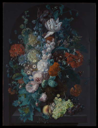 A painting of bountiful flowers stuffed into a vase.