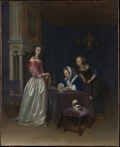 A painting of three women around a table, with a dog watching on a cushioned stool nearby. One woman can be seen writing a letter while the other two gaze on.