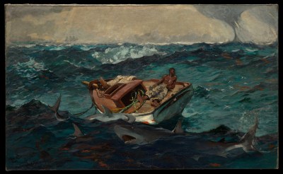A painting of a Black man in a boat amid wavy waters filled with sharks. A storm can be seen in the distance.