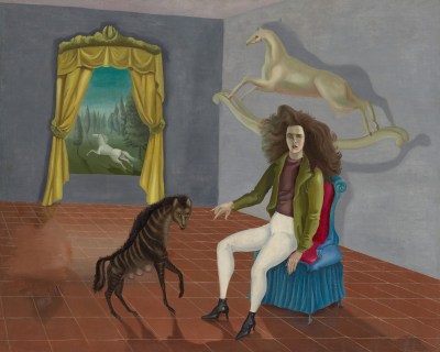 A painting of a woman pointing at a lactating a hyena. A rocking horse hangs above her. A window nearby looks out onto a forest with a stallion leaping by.