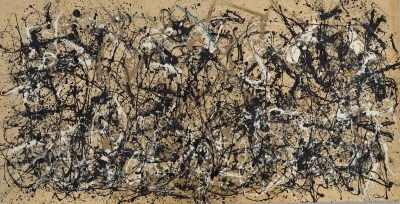 An abstract painting composed of splatters of black, white, and grey.