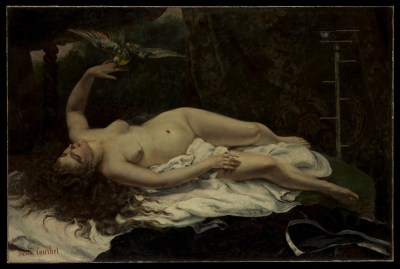 A nude woman reclining her back and holding a bird on one hand.