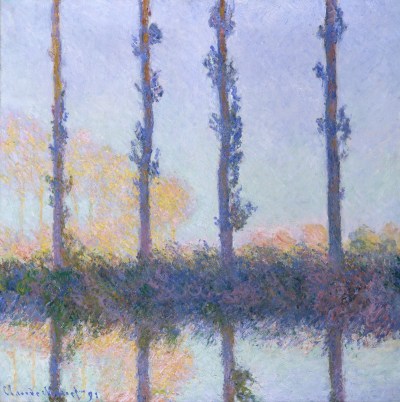 A painting of four poplars beside a lake.