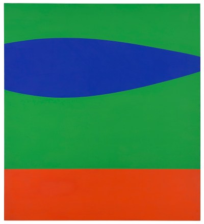 A green monochrome bisected by a warping blue form. A red rectangle is at the bottom.