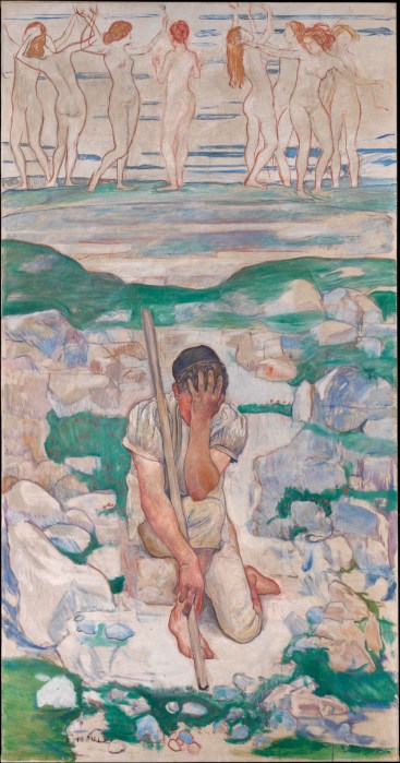 A painting of a shepherd with a staff holding one hand to his head amid rocks. Above him, there are dancing nude women.