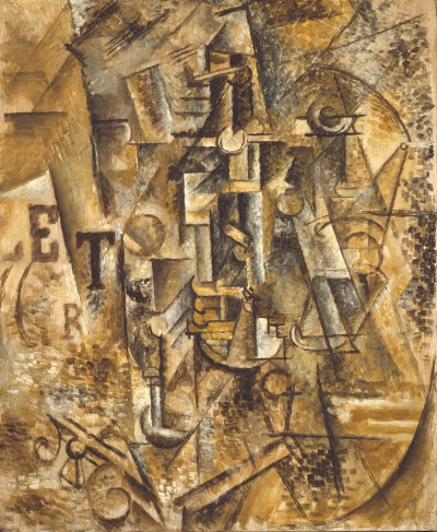 A painting of intersecting geomtric forms with letters interspersed.