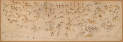 A painting showing soldiers and horses fleeing from Native Americans.