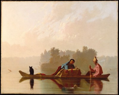 A painting of two men in a canoe and a leashed cat in a placid river.