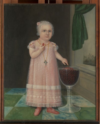A painting of a little girl grabbing a cherry from a large glass filled with them.