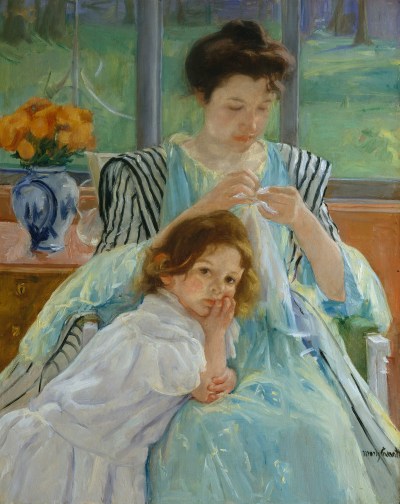 A painting of a seated woman sewing a cloth while a little girl next to her leans on her lap and turns to the viewer.
