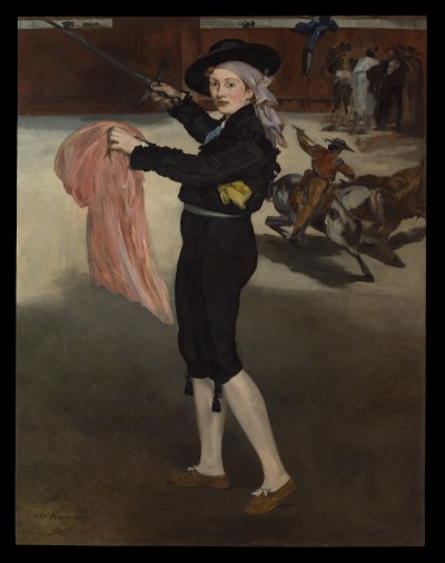 A painting of a female bullfighter holding a pink fabric and a saber while other bulls dash behind her.