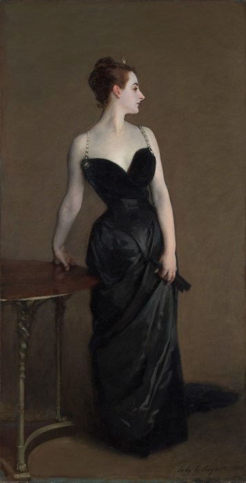 A painting of a woman in a black evening dress.