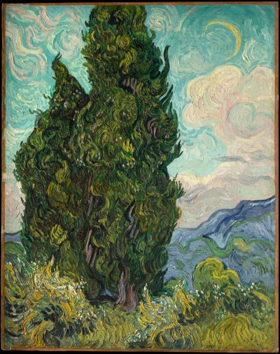 A painting of two cypress trees amid a sky composed of wavy white and blue strokes.