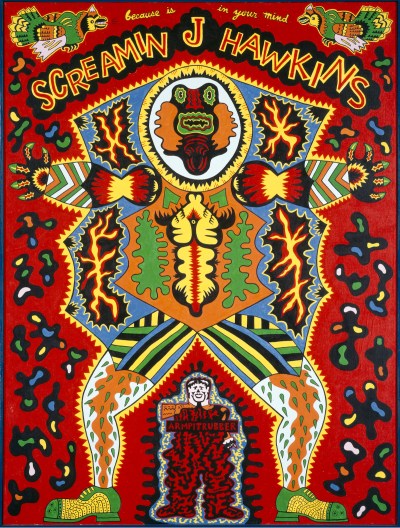 A painting of a multihued figure with bulging eyes, striped arms and legs, and hairy knees beneath text reading 'because SCREAMIN J HAWKINS is in your mind.'