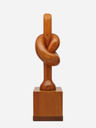 A wood sculpture resembling a knotted form.