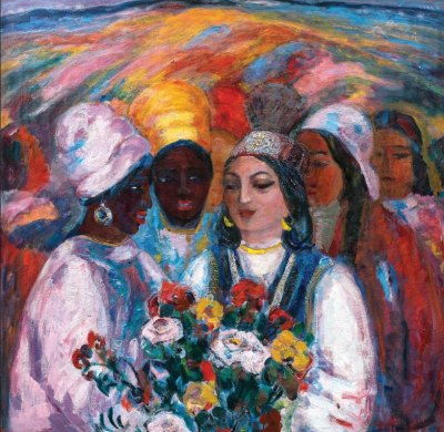 Colorful paintings of women of different skin colors. A woman holds a bouquet of flowers. 