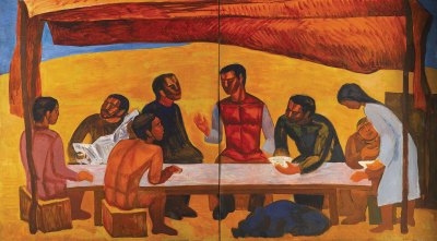 A painting shows a variety of people gathering on a table in a desert landscape. Their faces have a Cubic remittance. 