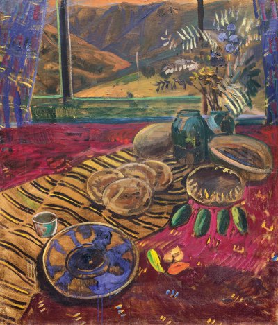 Still life on the table with four loaves of bread. 