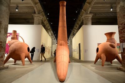 Three large sculptures made of Adobe.