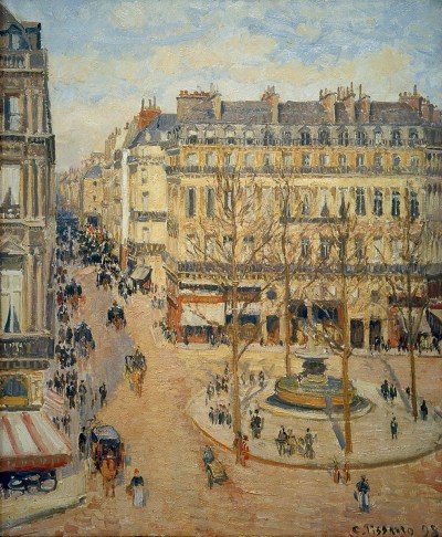 Camille Pissarro: morning sunshine on Rue Saint-Honoré. Place duthéâtrefrançais (La rue Saint-Honoré, Matin, Effet de Soleil), 1898, oil on canvas, 25 7/8 x 21 1/4 inches.