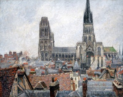 Camille Pissarro: roof of Old Rouen, Notre-Dame Cathedral, Overcast Sky (Les Toits du Vieux Rouen, Cathédrale Notre-dame, Temps Gris), 1896, Oil on Canvas, 28 7/16 by 36 inches.