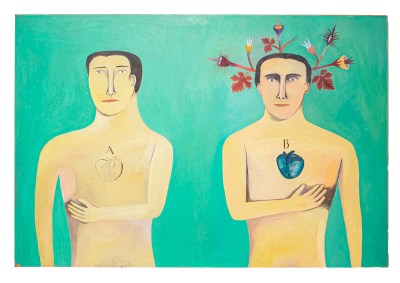 A painting of two people clutch an arm to their chests. One has the letter A on their chest, the other has a B and a blue heart. The B person has leaves growing from their head.