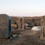 The statues of two deities are depicted, Egyptian tells El Farah's archaeological excavations.