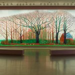 A 50-panel painting of the scenery shows a set of trees in the countryside with two red barns to the right.