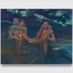 Two paintings of naked black men carry one third between them. They stand in the blue sea and blue sky.