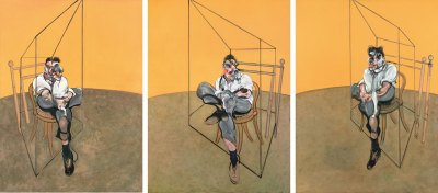 A triptych showing three twisted portraits of artist Lucian Freud on a wooden chair, typical of Francis Bacon. 